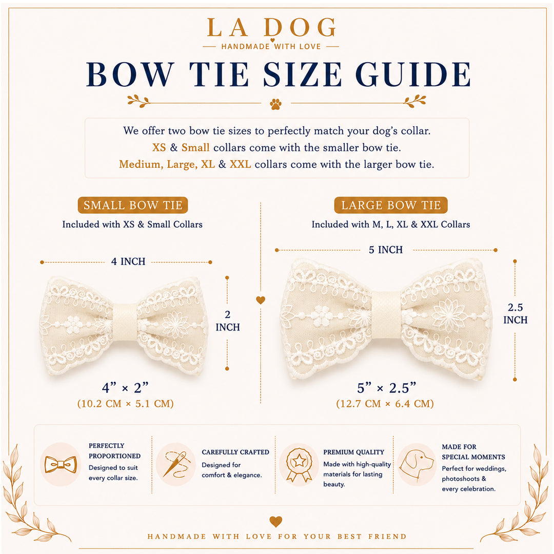 The image is a guide for bow tie sizes, providing information on the sizes of bow ties for different collar types.
