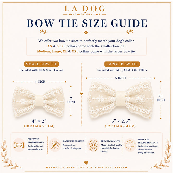 The image is a guide for bow tie sizes, providing information on the sizes of bow ties for different collar types.