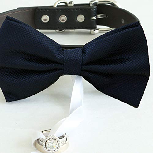 Navy bow tie collar Leather collar dog ring bearer adjustable handmade XS to XXL collar bow, Puppy, Proposal