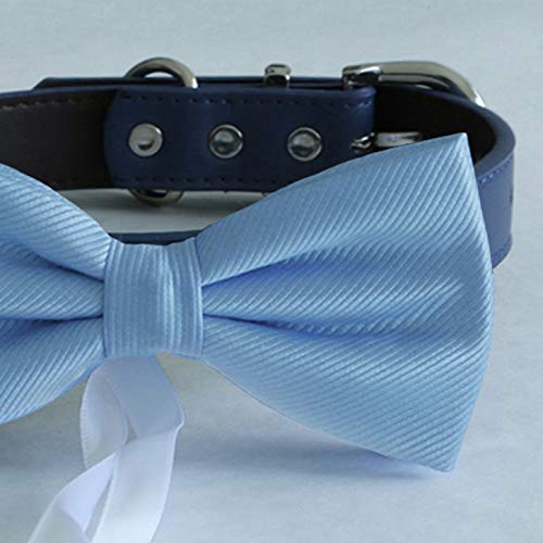 Blue bow tie collar Leather collar dog ring bearer adjustable handmade XS to XXL collar and bow, Puppy bow collar, Proposal