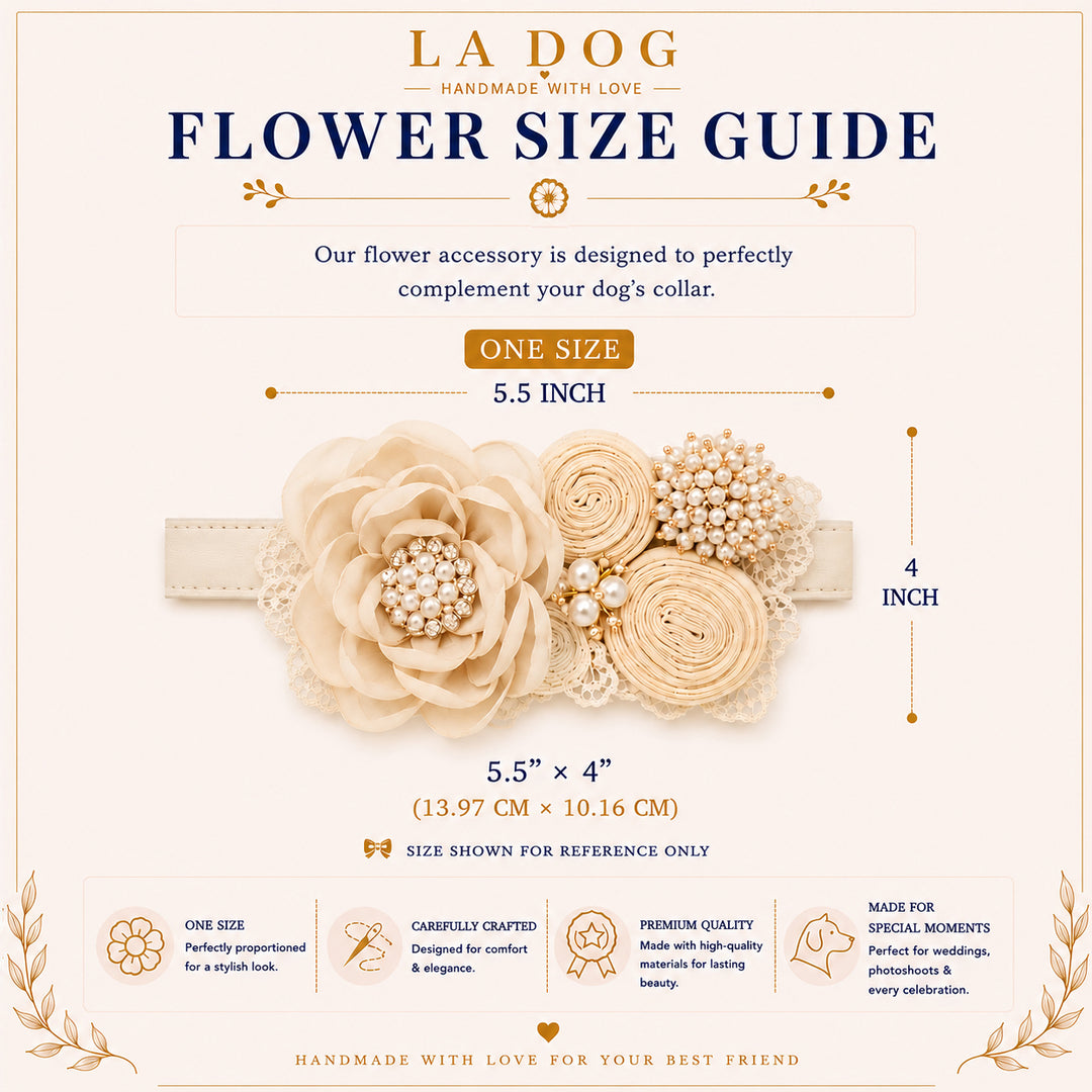 The image is a flower size guide for a dog collar, providing information on the size and dimensions of the accessory.