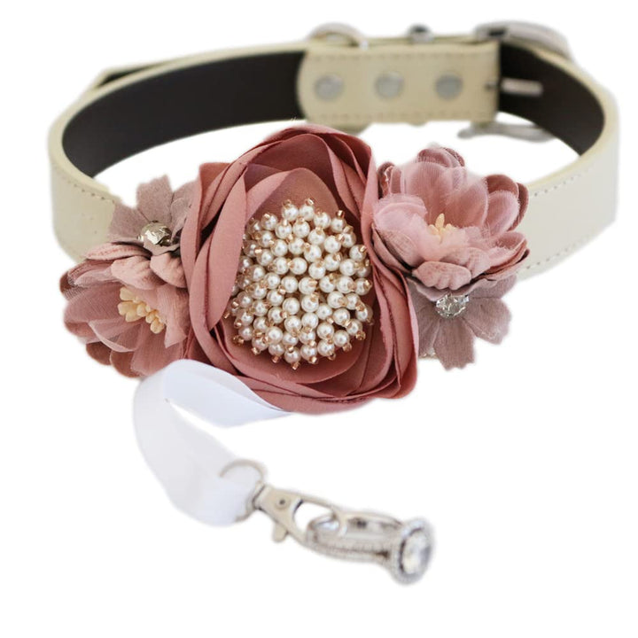 Dusty pink pearl beaded handmade flower collar, dog ring bearer handmade XS XXL collar, Proposal country rustic dusty pink wedding