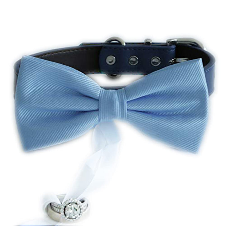 Blue bow tie collar Leather collar dog ring bearer adjustable handmade XS to XXL collar and bow, Puppy bow collar, Proposal