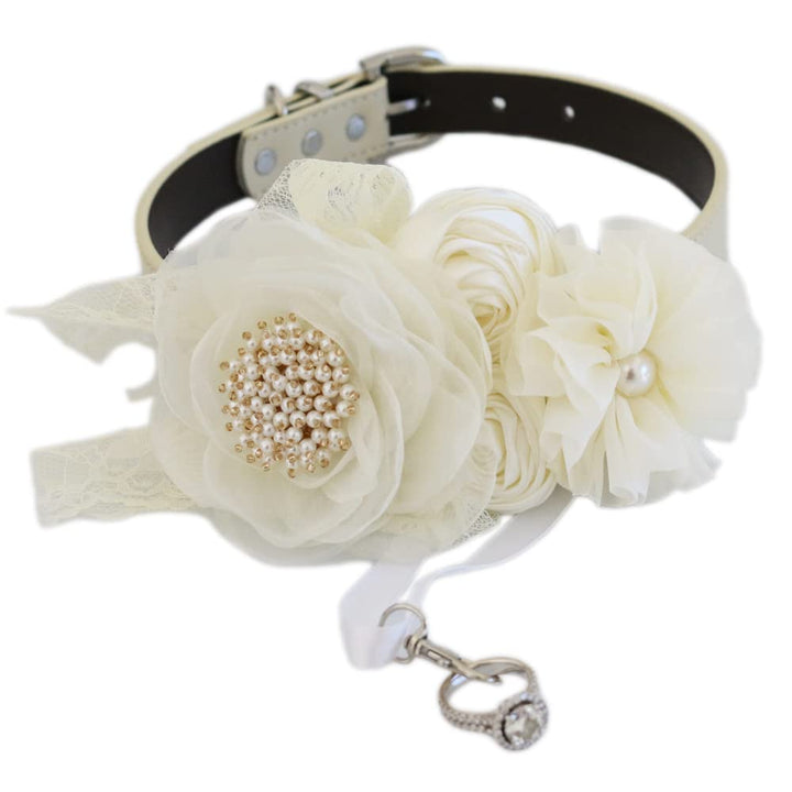 Ivory Floral Dog Collar with Pearl Accent and Lace Detail