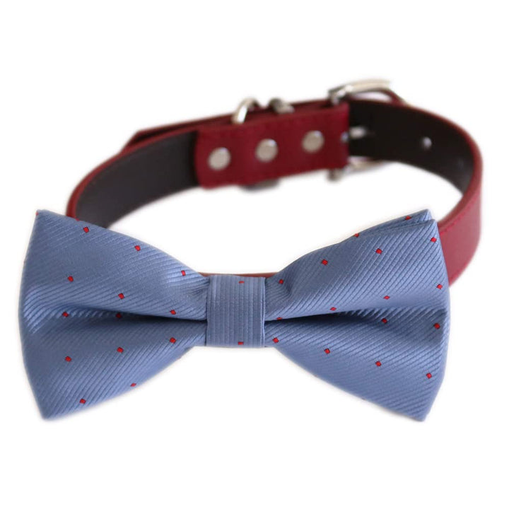 Country blue bow tie collar dog ring bearer XS to XXL collar and bow tie, Puppy bow tie leather adjustable dog collar