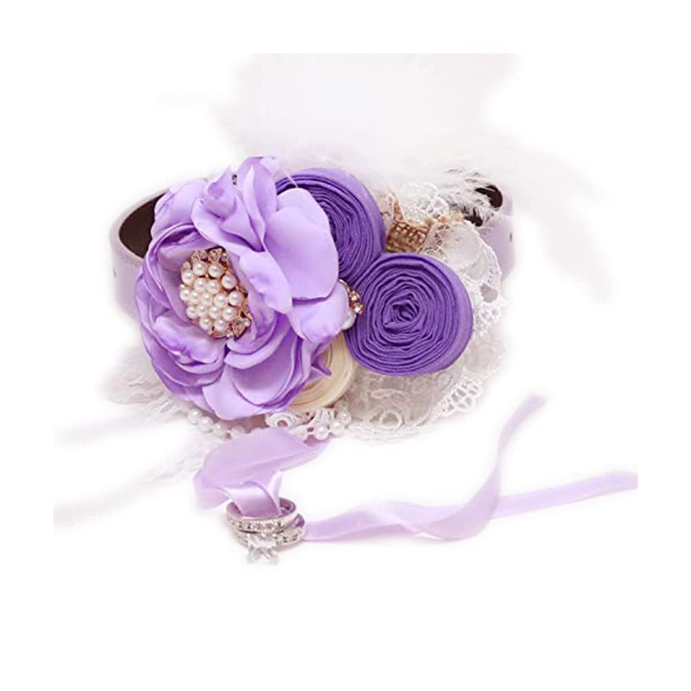 Purple lavender flower dog collar beaded pearl feather burlap Rhinestone flower collar leather adjustable girl collar dog ring bearer, proposal