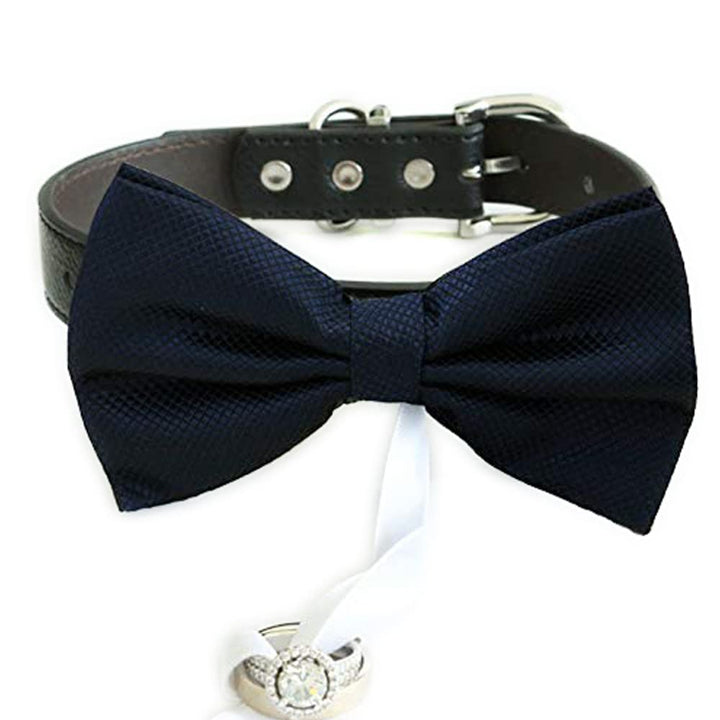 Navy bow tie collar Leather collar dog ring bearer adjustable handmade XS to XXL collar bow, Puppy, Proposal