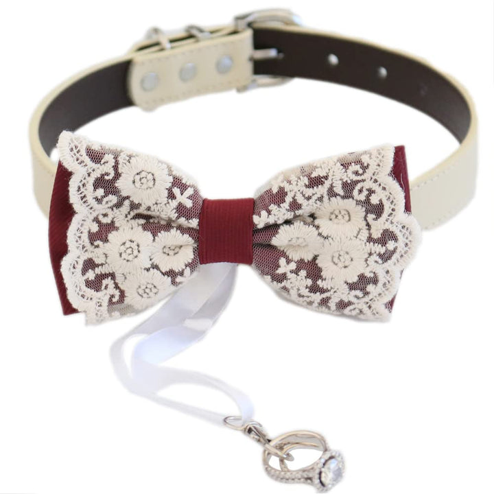 Burgundy bow tie collar, dog ring bearer collar, M to XXL collar, country rustic lace wedding, handmade, proposal collar