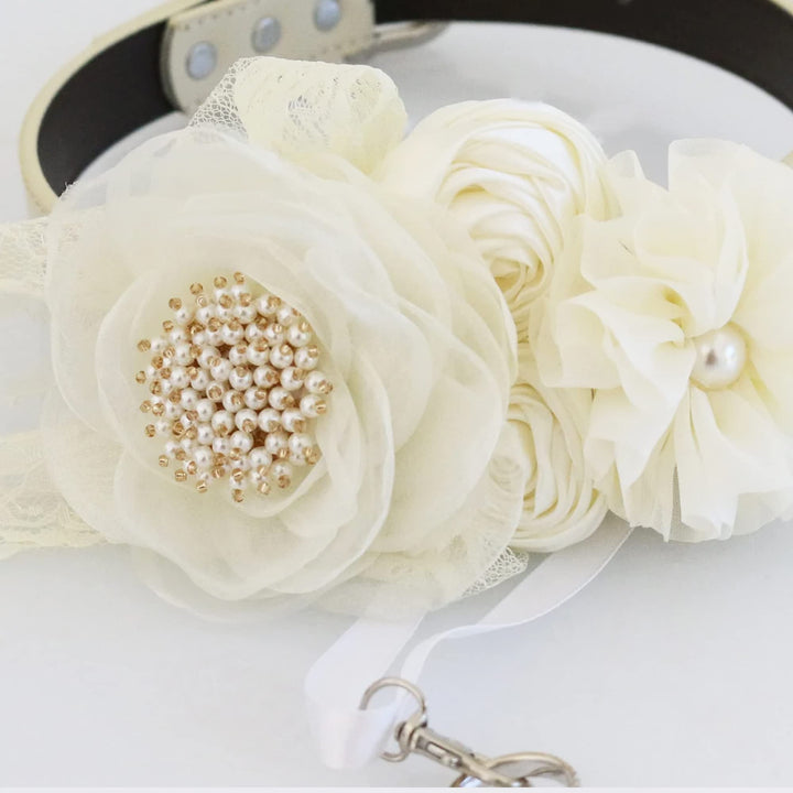 Ivory Floral Dog Collar with Pearl Accent and Lace Detail