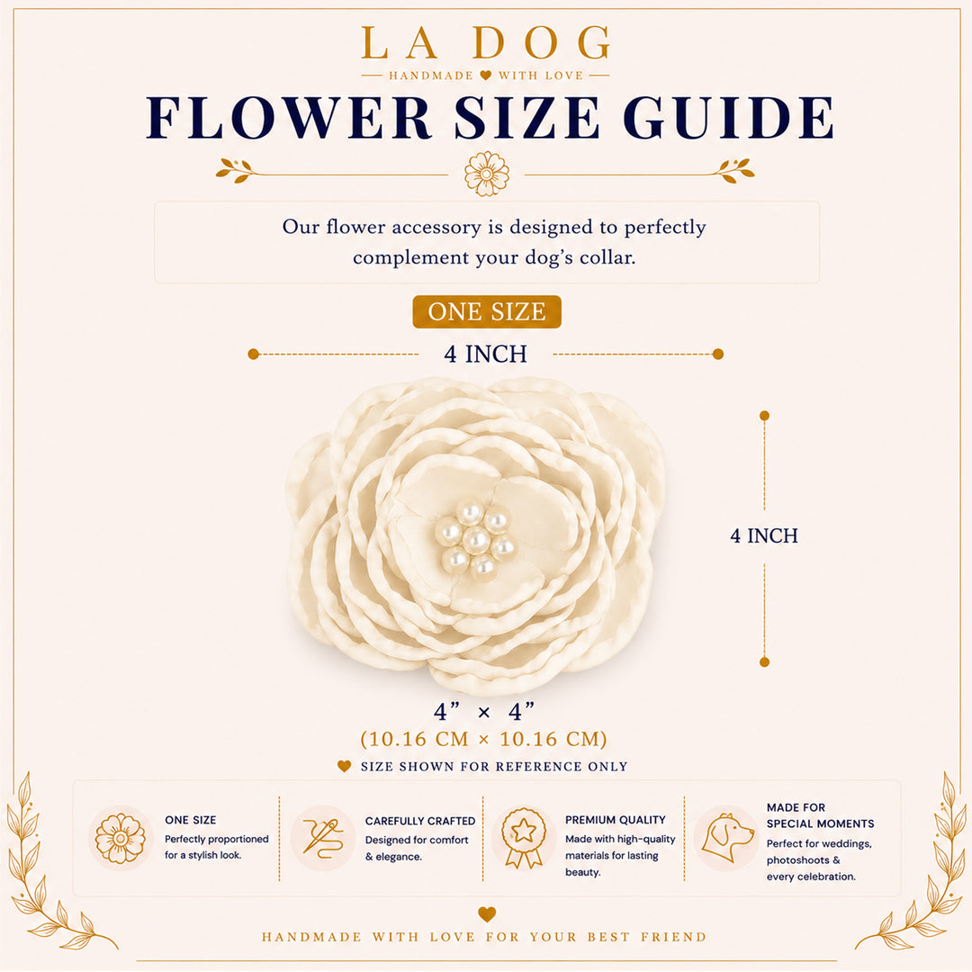 The image is a flower size guide for a flower accessory, specifically a 4-inch flower collar. The guide provides dimensions and information about the product, including that it is one size, carefully crafted, and designed for comfort. It is made for special moments and is made with high-quality materials. The guide is handcrafted with love for your best friend.
