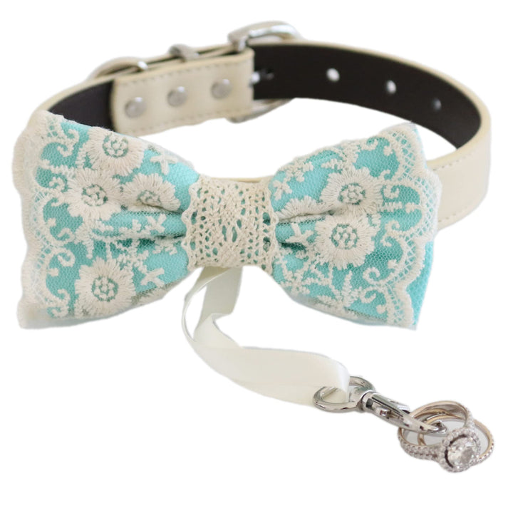 Aqua bow tie collar, proposal Dog ring bearer adjustable M XXL collar, lace county rustic beach summer Wedding dog collar, Some thing blue