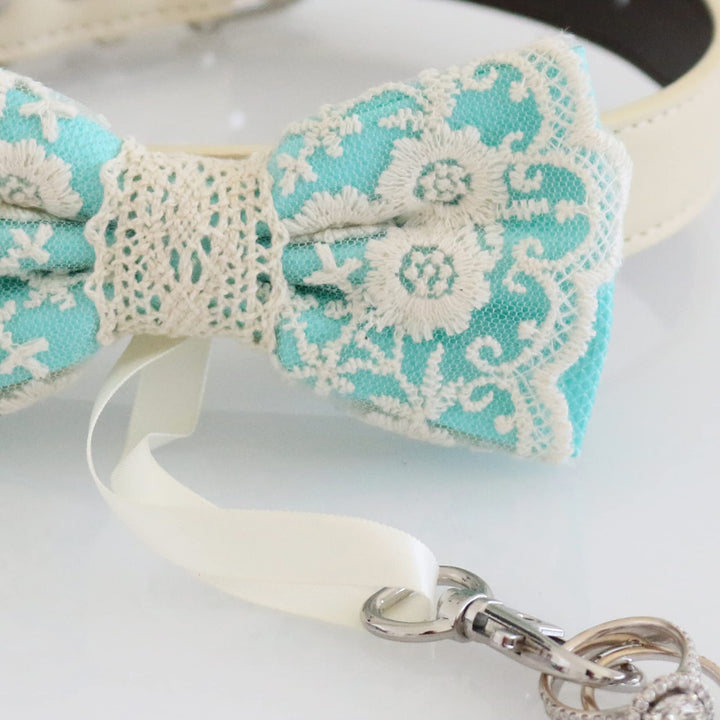Aqua bow tie collar, proposal Dog ring bearer adjustable M XXL collar, lace county rustic beach summer Wedding dog collar, Some thing blue