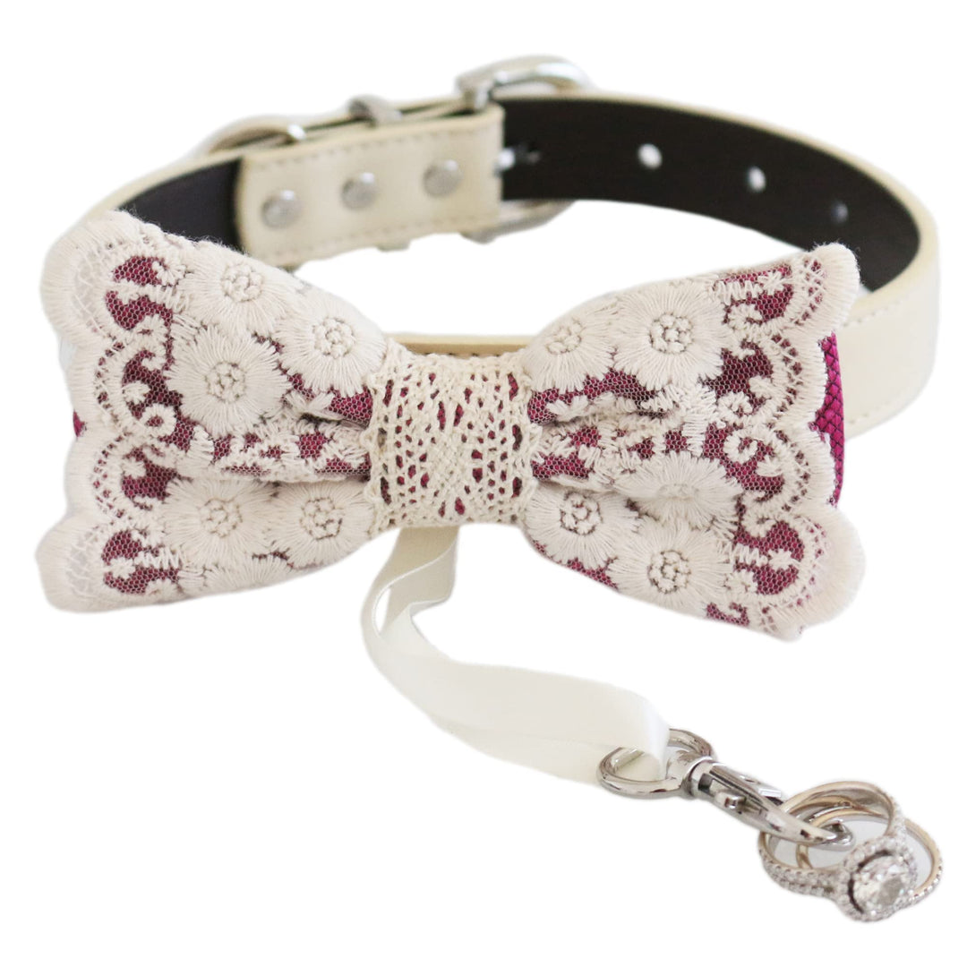 Raspberry Rose Floral Lace Ring Bearer Dog Bow Tie Collar – Handmade Romantic Wedding Bow Tie, Adjustable Vegan Leather, M–XXL, Choose Your Collar Color