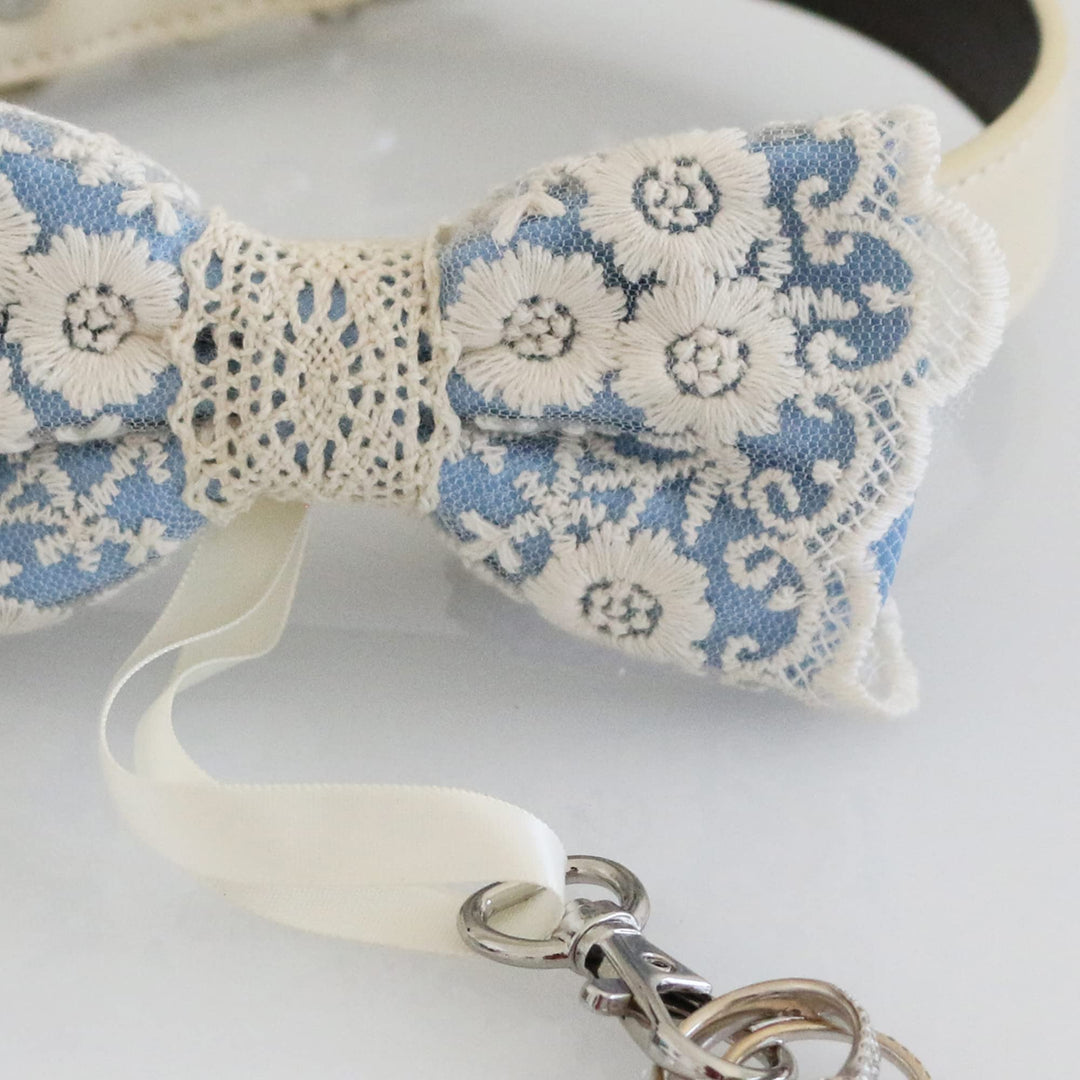Dusty blue bow tie collar, proposal Dog ring bearer adjustable M XXL collar, lace county rustic beach summer Wedding dog collar, Some thing blue