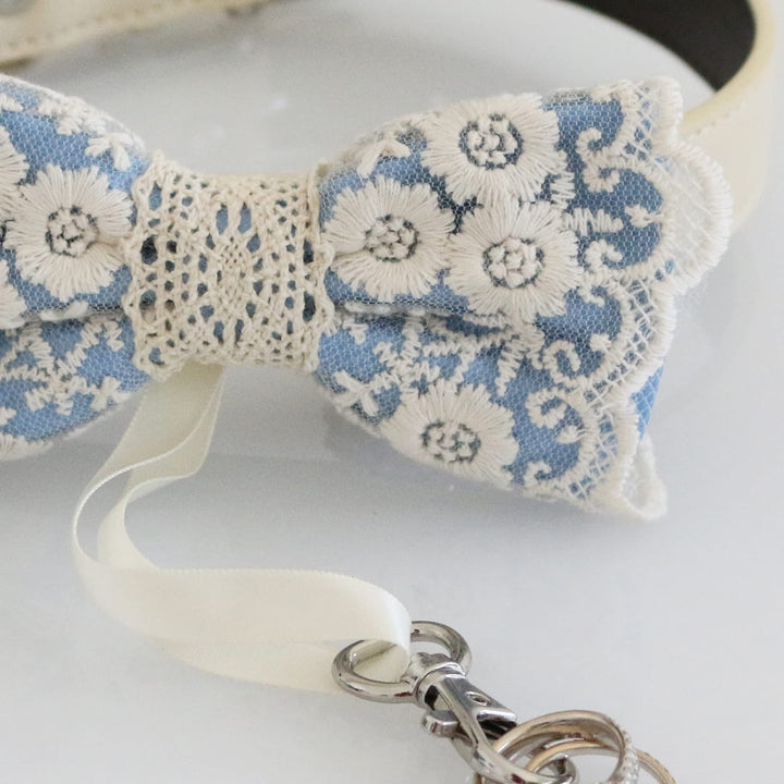 Dusty blue bow tie collar, proposal Dog ring bearer adjustable M XXL collar, lace county rustic beach summer Wedding dog collar, Some thing blue