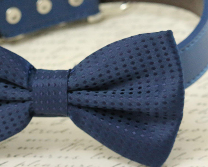 Navy Dog Bow tie Collar- Pet accessory - Dog Lovers - Bow attached to Leather collar - Dog Birthday gift - Some thing blue - Polka dots