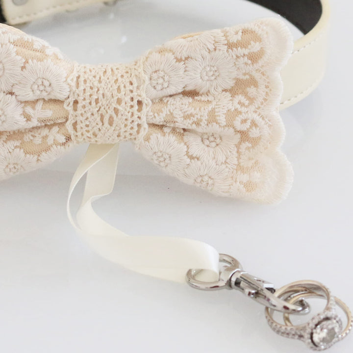 Ivory bow tie collar, proposal Dog ring bearer adjustable M XXL collar, lace county rustic elegance Wedding dog collar, Dog lover gift