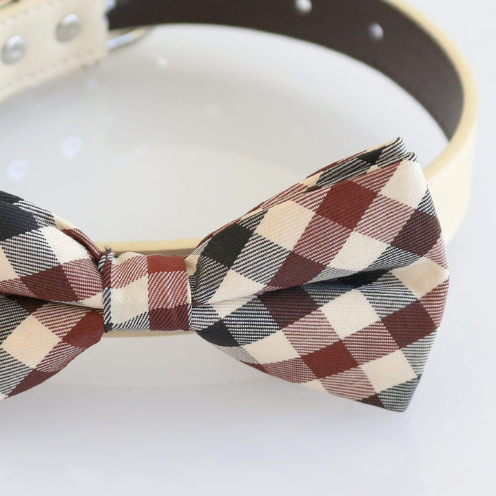 Plaid Ivory bow tie Dog Collar, handmade dog lover gift, leather adjustable collar, M to XL collar, high quality bow tie, wedding proposal handmade dog collar