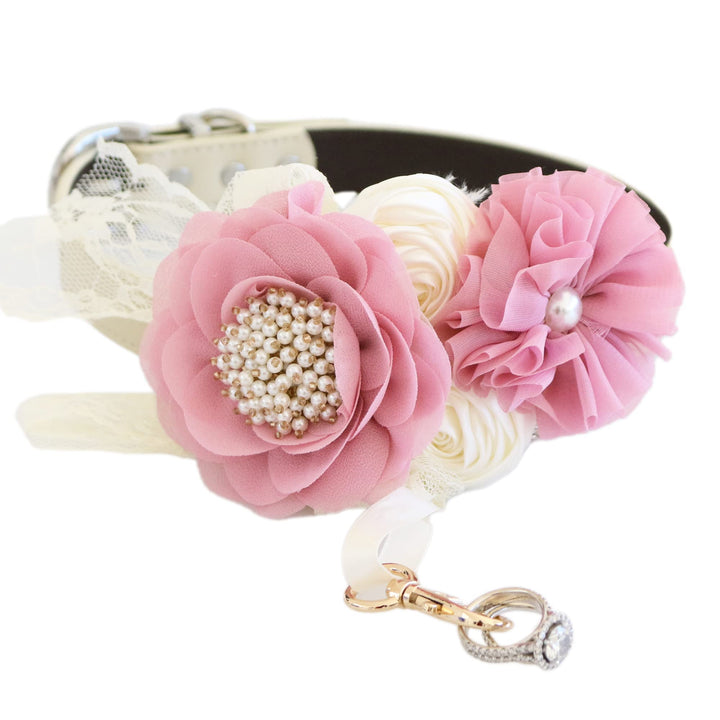 Blush Pink Floral Dog Collar with Pearl Accent and Lace Detail