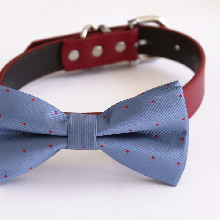 Country blue bow tie collar dog ring bearer XS to XXL collar and bow tie, Puppy bow tie leather adjustable dog collar