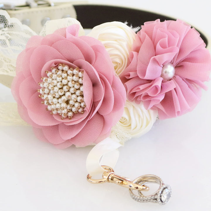 Blush Pink Floral Dog Collar with Pearl Accent and Lace Detail