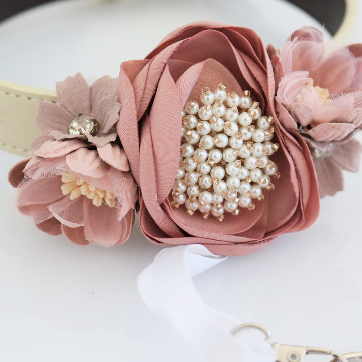 Dusty pink pearl beaded handmade flower collar, dog ring bearer handmade XS XXL collar, Proposal country rustic dusty pink wedding