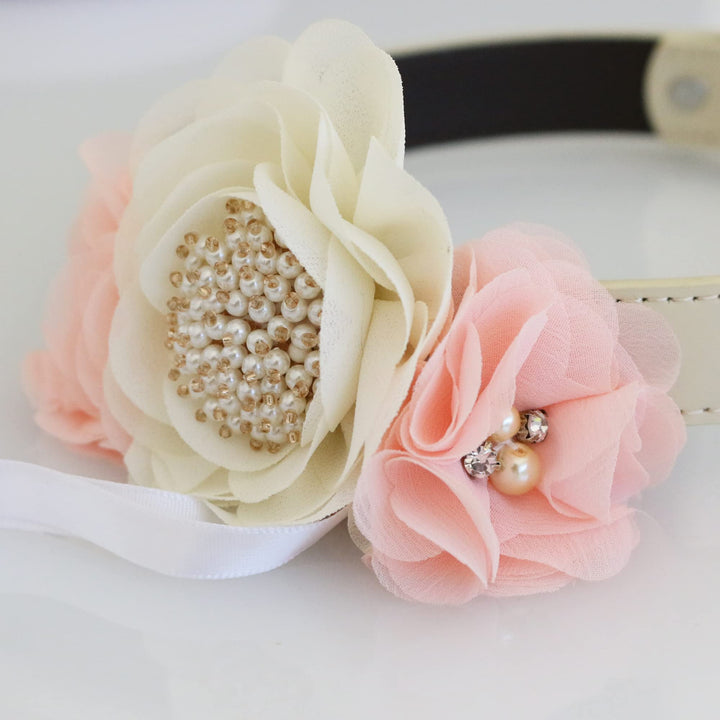 Ivory blush pearl beaded handmade flower collar, dog ring bearer XS XXL collar, Proposal handmade dog lover blush wedding gift