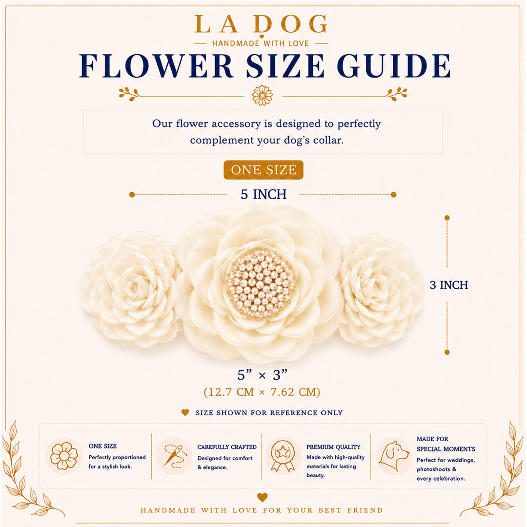 The image is a flower size guide for a flower accessory, specifically a collar for a dog. It provides measurements and descriptions for different sizes of flower collars, ranging from 5 inches to 3 inches. The guide is designed to help customers choose the appropriate collar size for their dog based on their size and the desired look.
