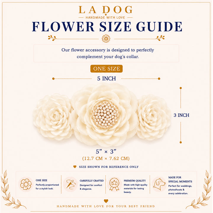 The image is a flower size guide for a flower accessory, specifically a collar for a dog. It provides measurements and descriptions for different sizes of flower collars, ranging from 5 inches to 3 inches. The guide is designed to help customers choose the appropriate collar size for their dog based on their size and the desired look.