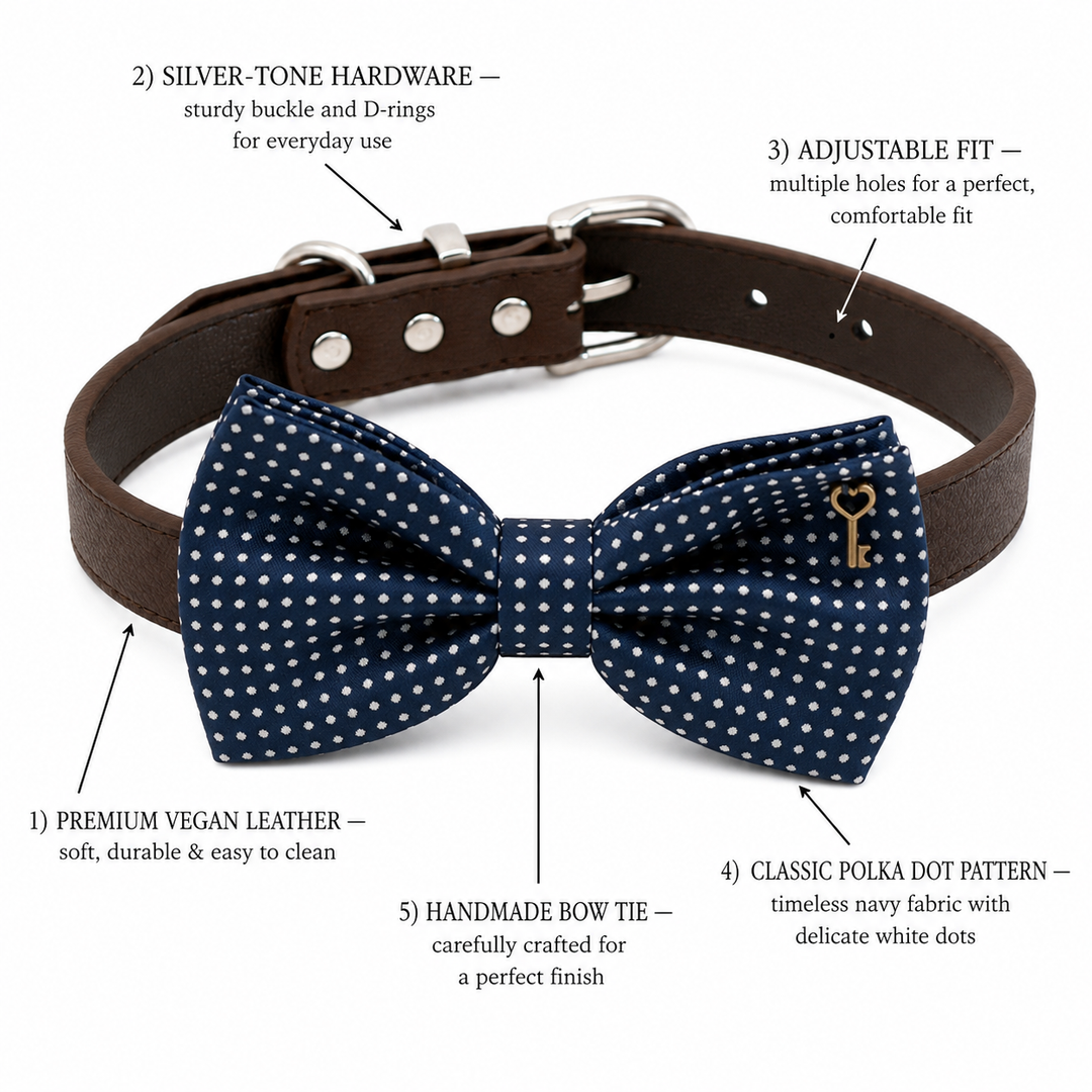 Navy Polka Dot Ring Bearer Wedding Dog Bow Tie Collar with Adjustable Brown Vegan Leather Collar