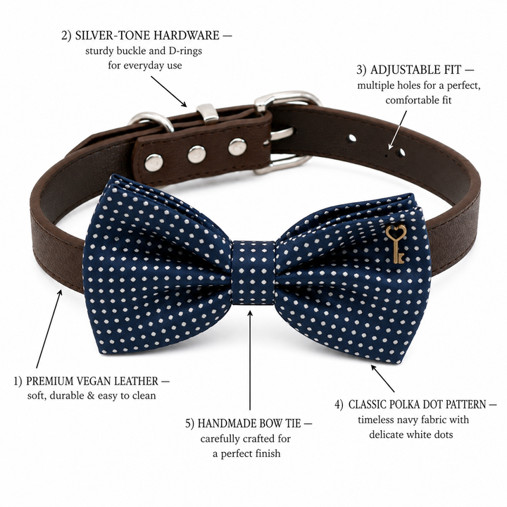 Navy Polka Dot Ring Bearer Wedding Dog Bow Tie Collar with Adjustable Brown Vegan Leather Collar