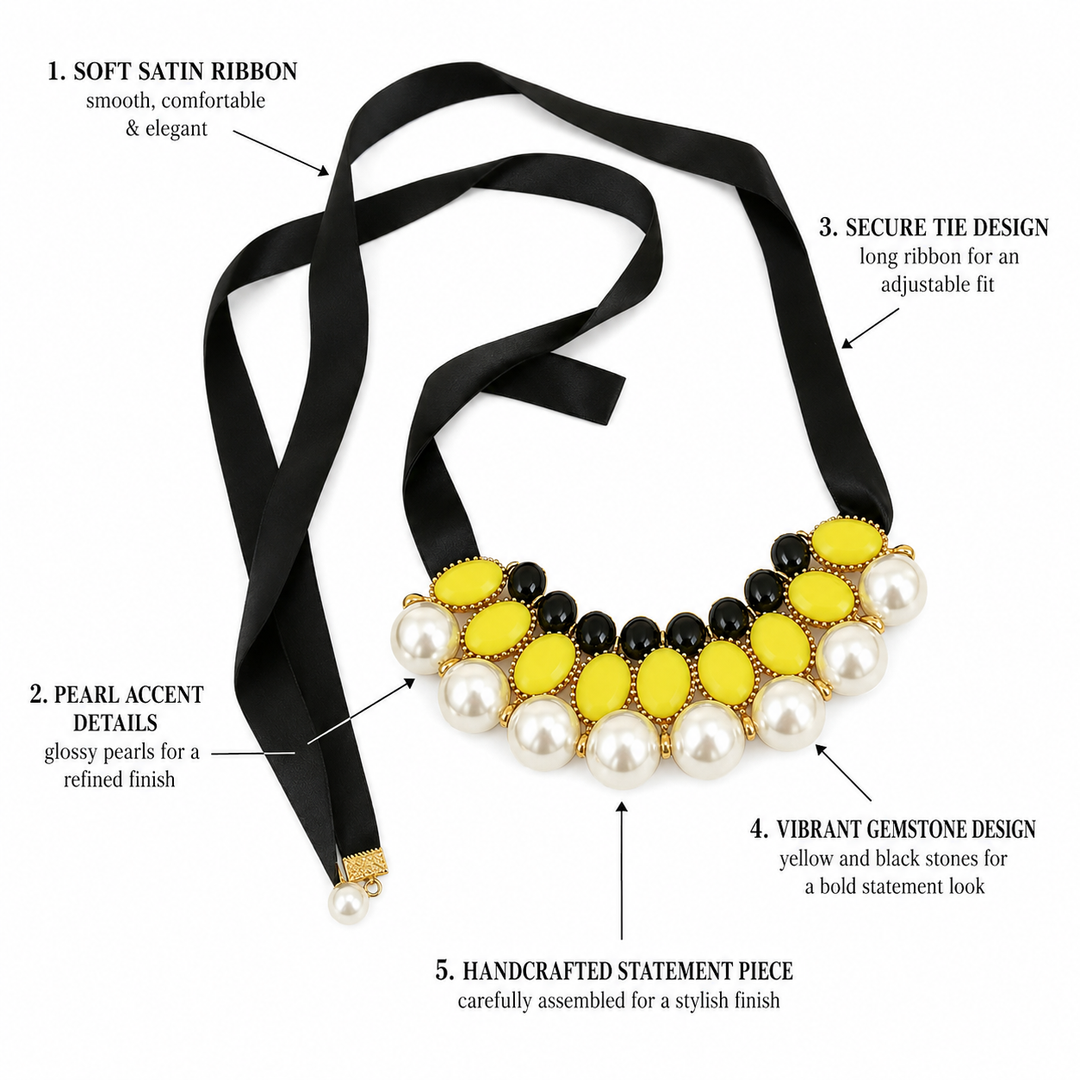 Yellow Pearl Statement Dog Collar Necklace with Black Satin Ribbon