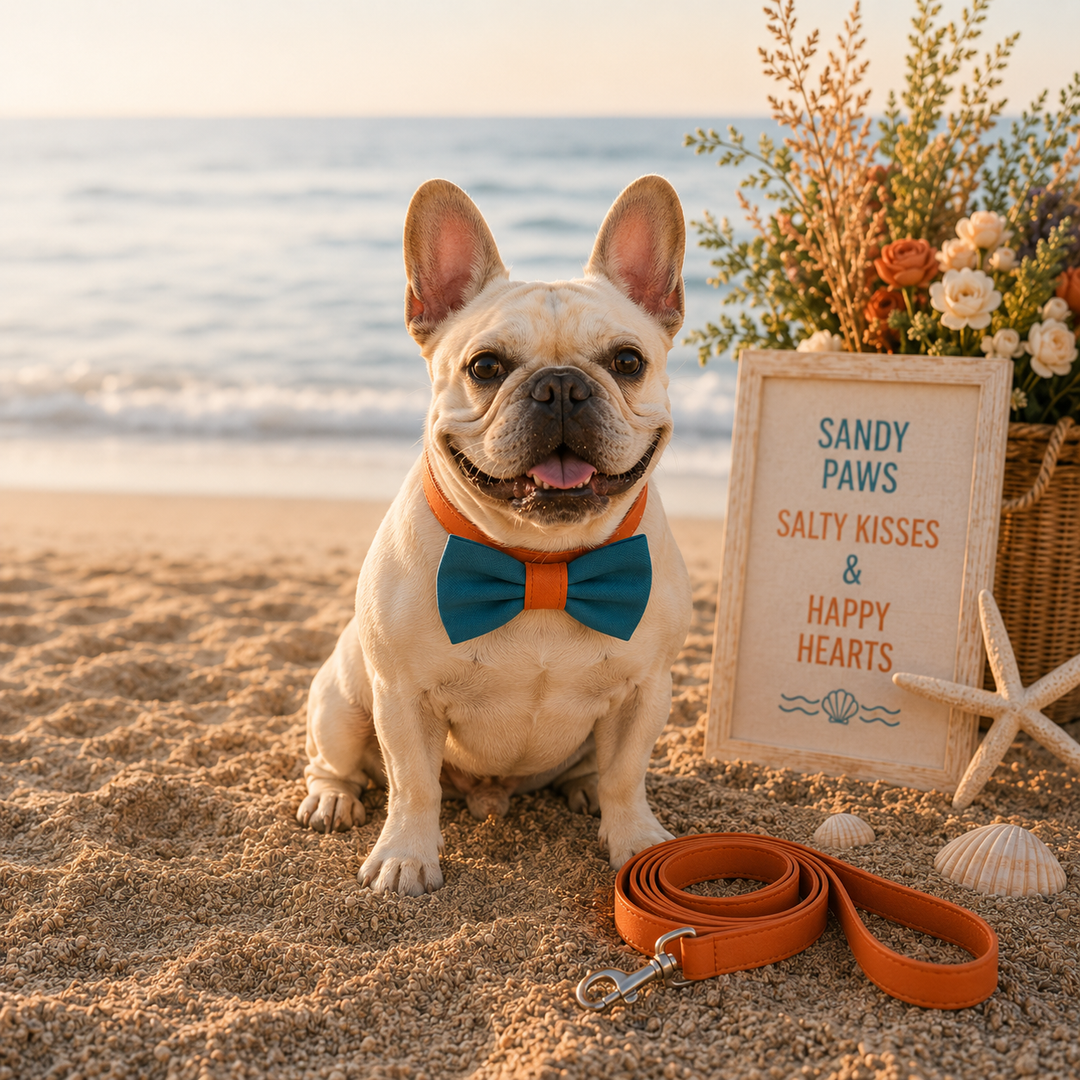 Teal Blue Ring Bearer Dog Bow Tie Collar with Cinnamon Accent and Cinnamon Vegan Leather Collar