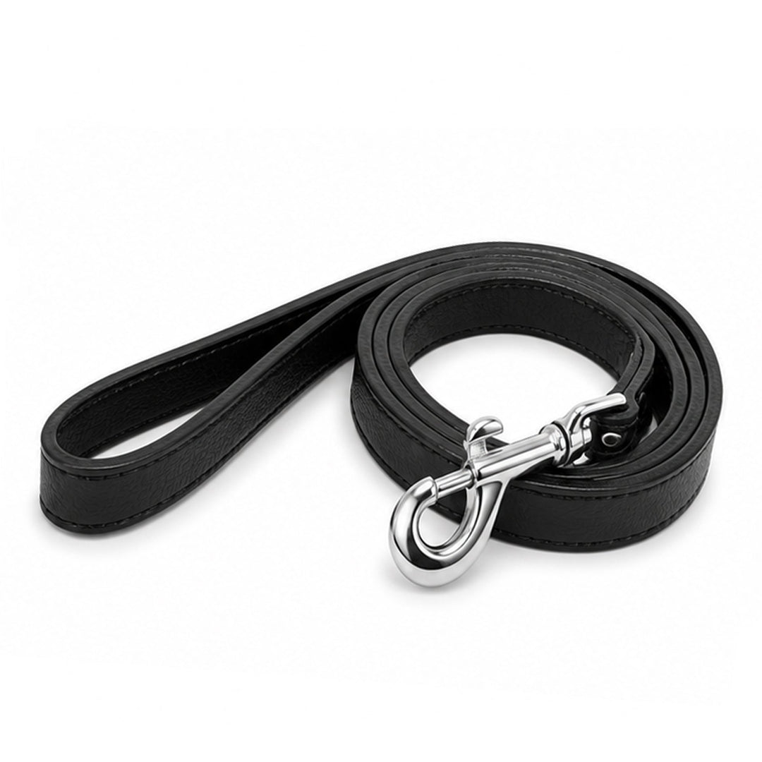 Black soft vegan leather dog leash, 48 inches long and 0.75 inches wide