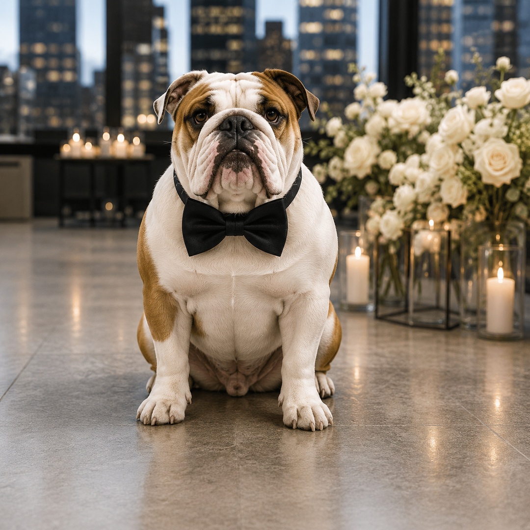 Black Ring Bearer Dog Bow Tie Collar with Black Vegan Leather Collar