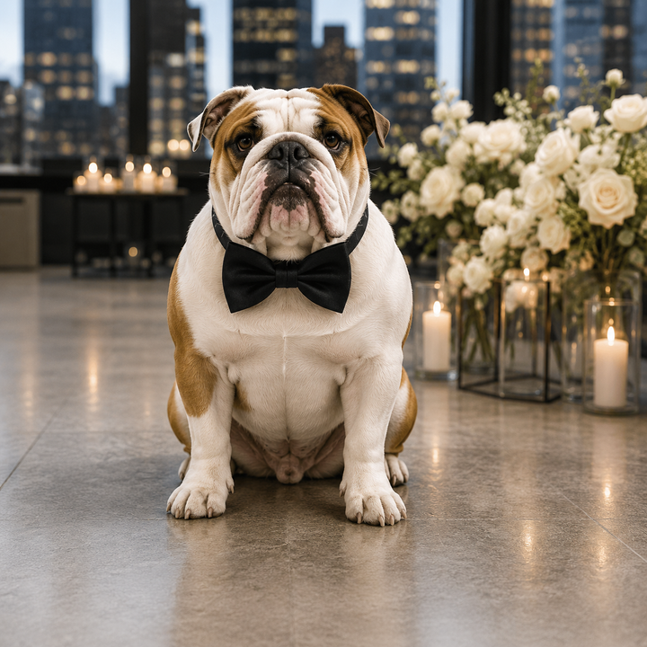 Black Ring Bearer Dog Bow Tie Collar with Black Vegan Leather Collar