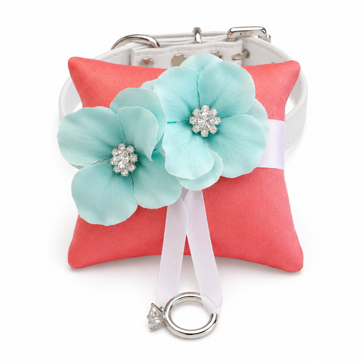 Coral Pink Floral Ring Bearer Dog Pillow with Aqua Blue Flowers