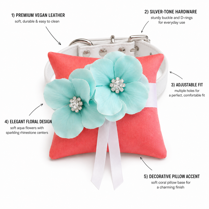Coral Pink Floral Ring Bearer Dog Pillow with Aqua Blue Flowers