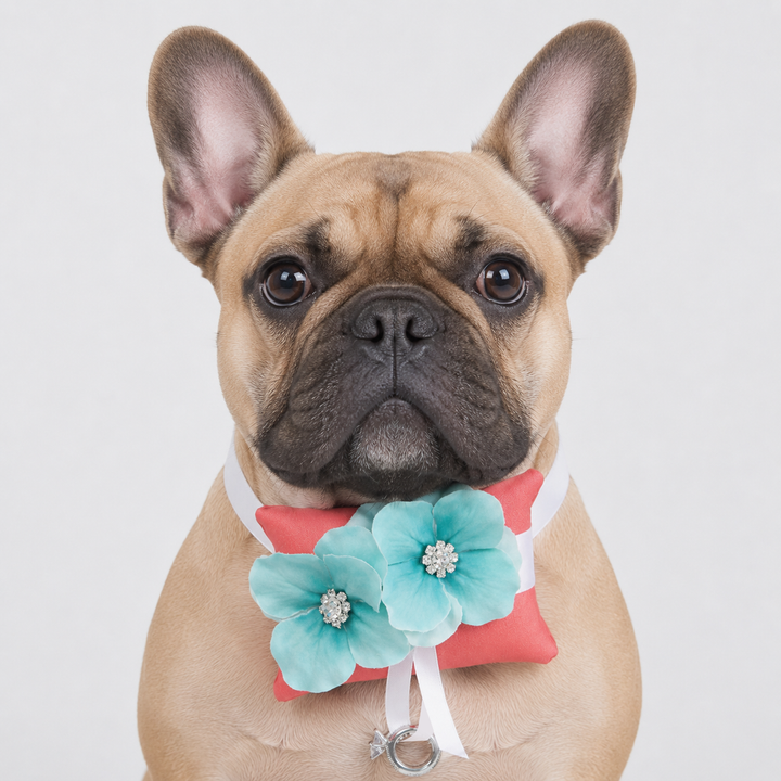 Coral Pink Floral Ring Bearer Dog Pillow with Aqua Blue Flowers