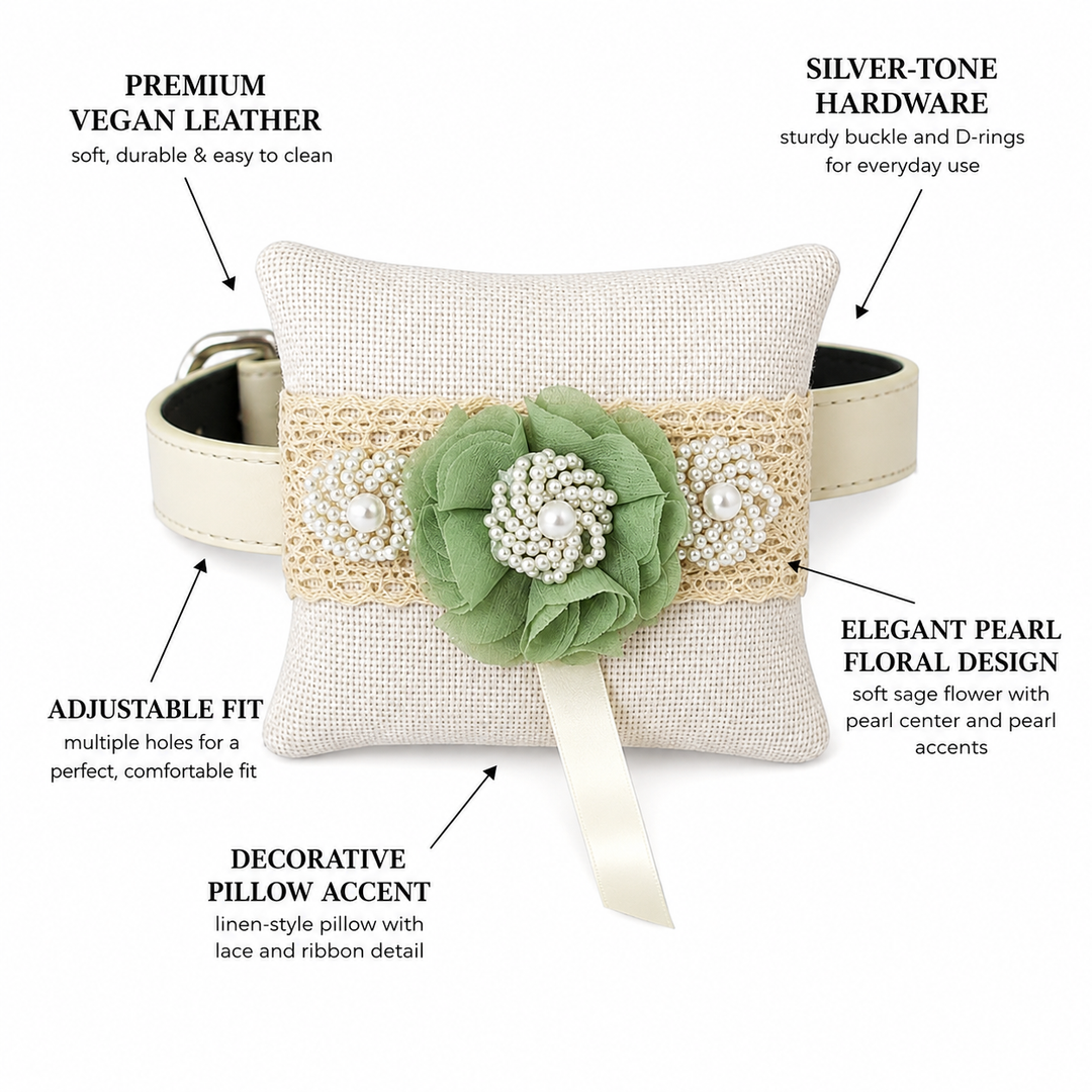 Sage Green Pearl Floral Ring Bearer Dog Pillow with Lace Detail