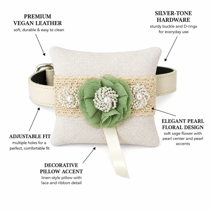 Sage Green Pearl Floral Ring Bearer Dog Pillow with Lace Detail