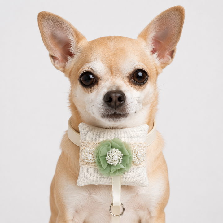 Sage Green Pearl Floral Ring Bearer Dog Pillow with Lace Detail