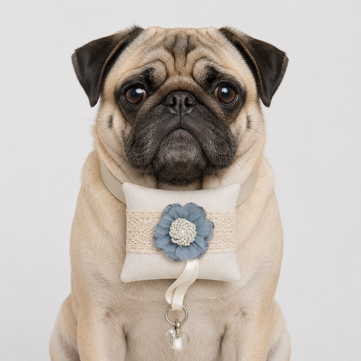 Dusty Blue Pearl Floral Ring Bearer Dog Pillow with Lace Detail