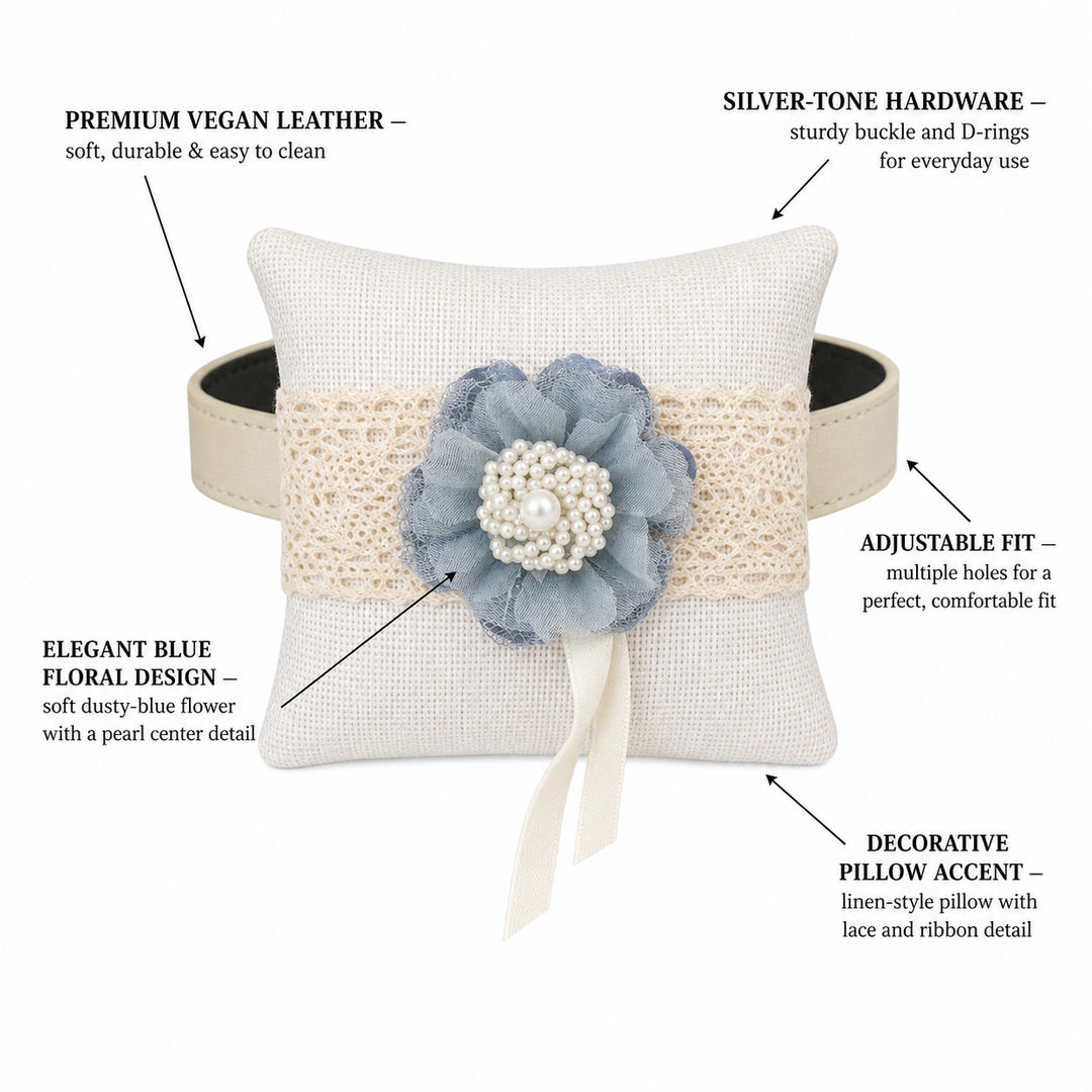 Dusty Blue Pearl Floral Ring Bearer Dog Pillow with Lace Detail