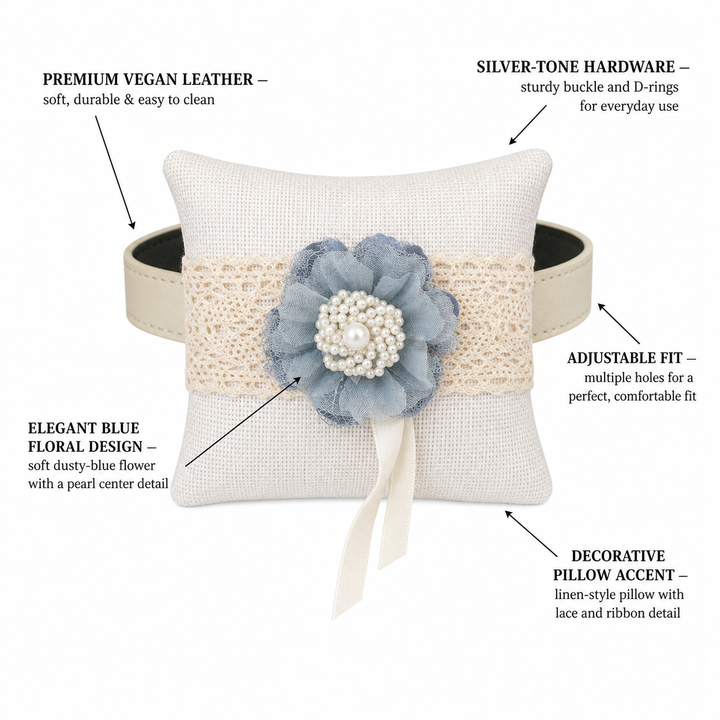 Dusty Blue Pearl Floral Ring Bearer Dog Pillow with Lace Detail