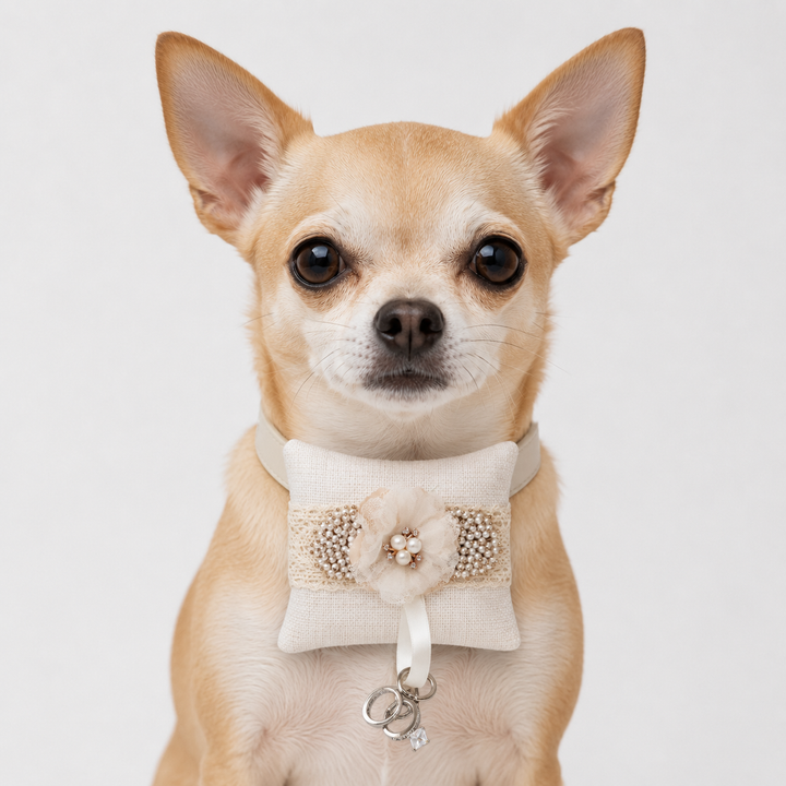 Champagne Pearl Floral Ring Bearer Dog Pillow with Lace Detail