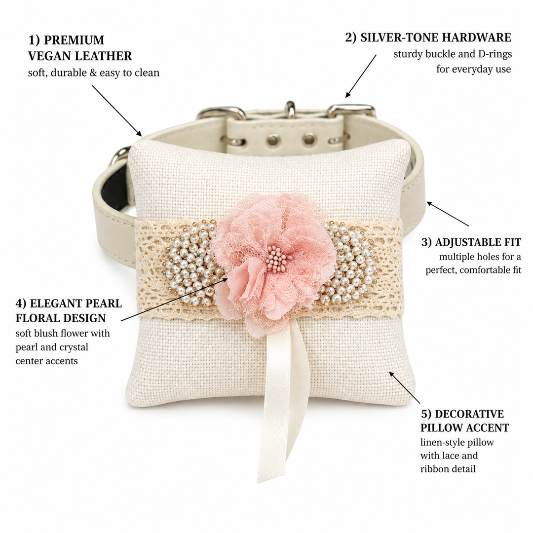 Blush Pink Pearl Floral Ring Bearer Dog Pillow with Lace Detail