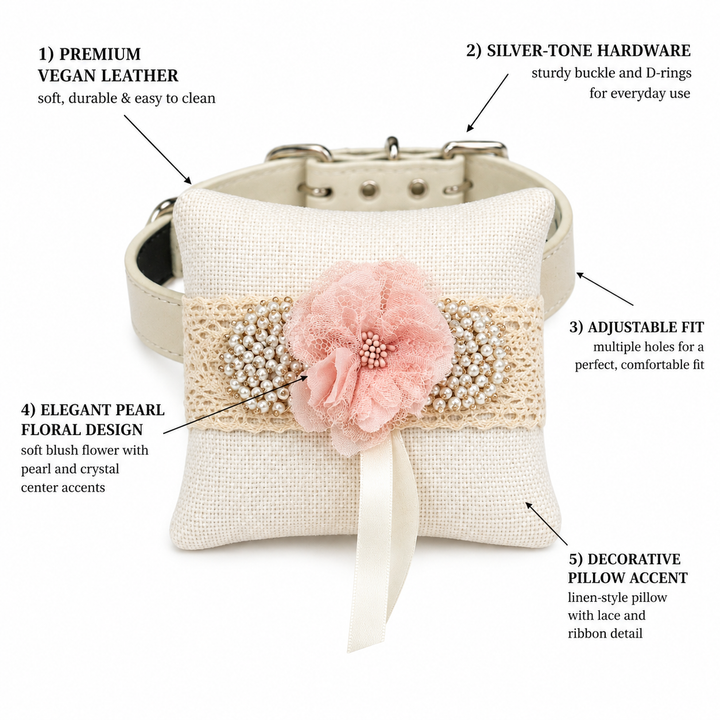 Blush Pink Pearl Floral Ring Bearer Dog Pillow with Lace Detail