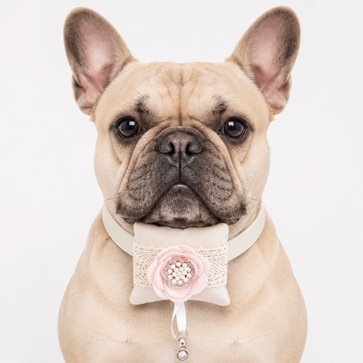 Blush Pink Pearl Crystal Ring Bearer Dog Pillow with Lace Detail