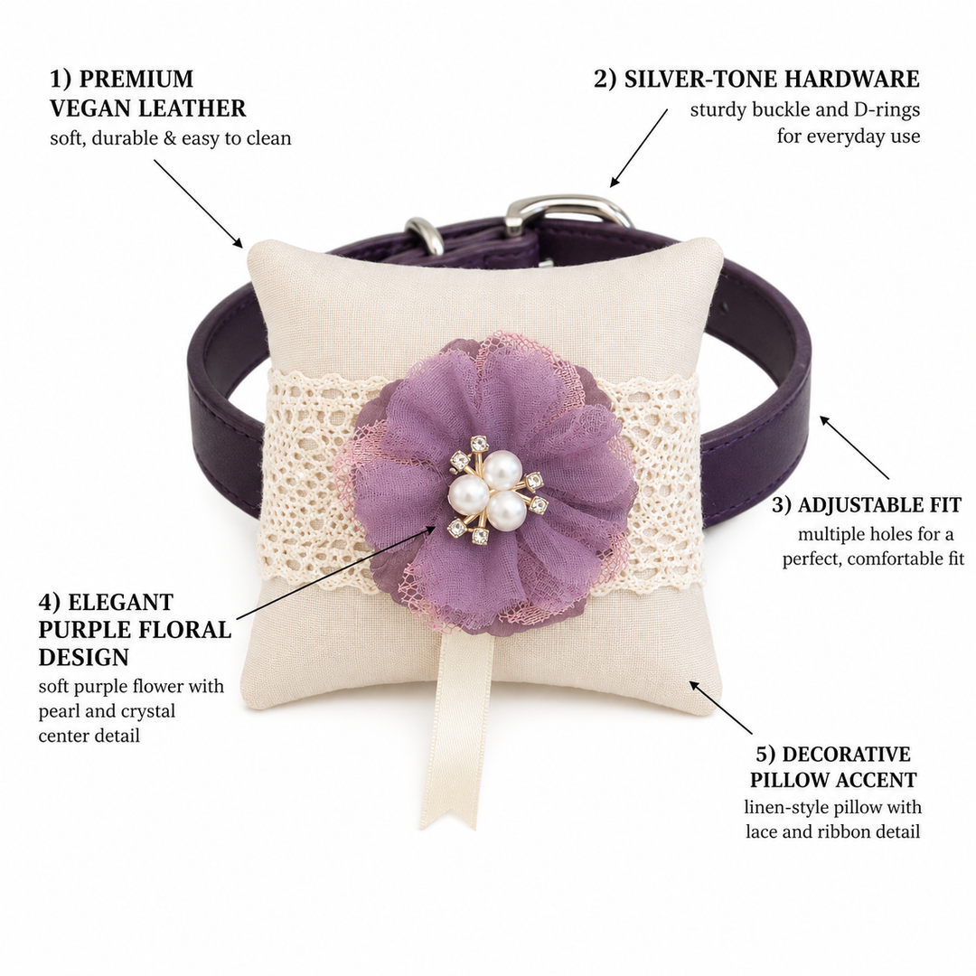 Dusty Purple Pearl Floral Ring Bearer Dog Pillow with Lace Detail